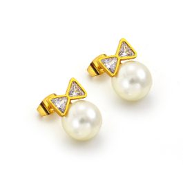 BT010 Bông tai nữ inox mạ vàng hình chiếc nơ ngọc trai