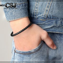 LN101 Vòng tay nam dây da 5mm màu đen khóa titan