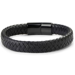 LN152 Vòng tay da loại xịn khóa thép titan xi đen
