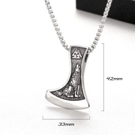 MD102 Mặt dây chuyền titan Rìu Viking chạm hình chó sói