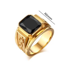 N516 Nhẫn nam Titan mạ vàng chạm rồng đá đen (Size 7-8-9-10)