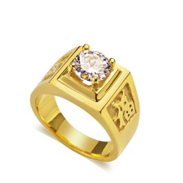 N526 Nhẫn titan nam mạ vàng chữ phước đính xoàn (Size 7-8-9-10)