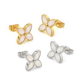 TB186 Bông tai nữ titan bông hoa 4 cánh đính xà cừ