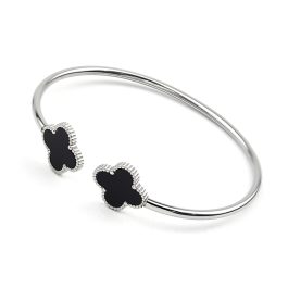 TV199 Vòng tay nữ hở titan hoa 4 cánh van cleef mặt màu đen