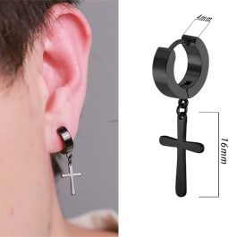 BT111 Bông tai nam khoen tròn rớt thánh giá inox màu đen