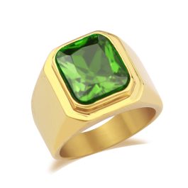 N579 Nhẫn nam inox mạ vàng trơn đá xanh lá