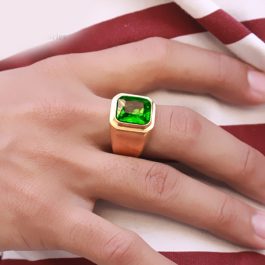 N579 Nhẫn nam inox mạ vàng trơn đá xanh lá