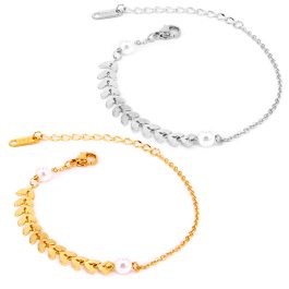 TA226 Lắc tay titan chiếc lá cách điệu ngọc trai