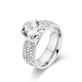 TC047 Nhẫn nữ titan 1 hột đá cao đính đá tấm 2 bên