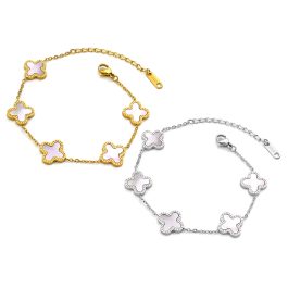 TA082 Lắc tay nữ titan hoa 4 cánh Van Cleef nền xà cừ trắng