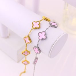TA491 Lắc tay van cleef hoa 4 cánh nền màu hồng nhạt 13mm