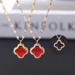 TN208 Dây chuyền titan hoa 4 cánh LV đá đen đỏ