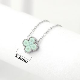 TN836 Dây chuyền titan hoa 4 cánh van cleef nền LV màu xanh ngọc