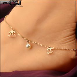 TA567 Lắc chân nữ titan ngọc trai cách điệu chanel vàng hồng