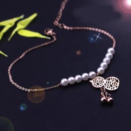 TA614 Lắc chân nữ titan hồ lô cách điệu ngọc trai vàng hồng