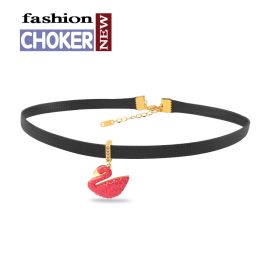 TN295 Dây chuyền titan choker thiên nga đính đá đỏ