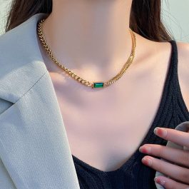 TN426 Dây chuyền nữ titan mặt chữ nhật đá màu xanh